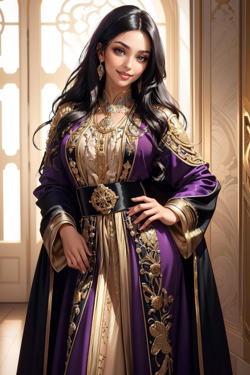 14090-3268042681-((masterpiece,best quality,edgQuality)),(smile),looking at viewer,standing,_edgCaftan, a woman with black hair wearing a purple.png